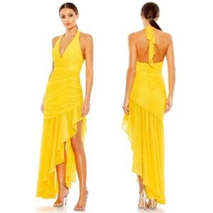 Mac Duggal Yellow Halter Ruffled High-Low Midi Dress